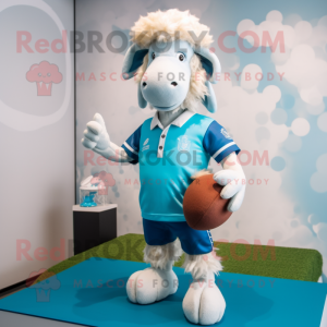 Sky Blue Angora Goat mascot costume character dressed with a Rugby Shirt and Caps