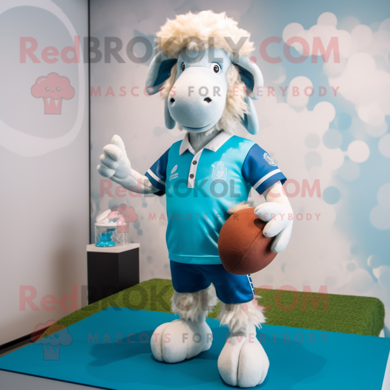Sky Blue Angora Goat mascot costume character dressed with a Rugby Shirt and Caps Sky Blue Angora Goat mascot costume character dressed with a Rugby Shirt and Caps