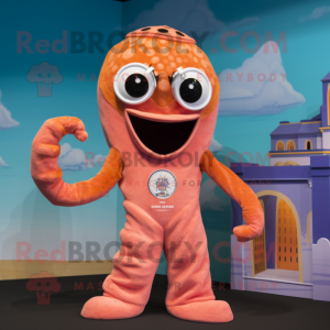 Peach Hydra mascot costume character dressed with a Board Shorts and Rings