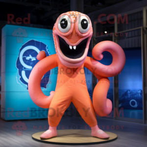 Peach Hydra mascot costume character dressed with a Board Shorts and Rings