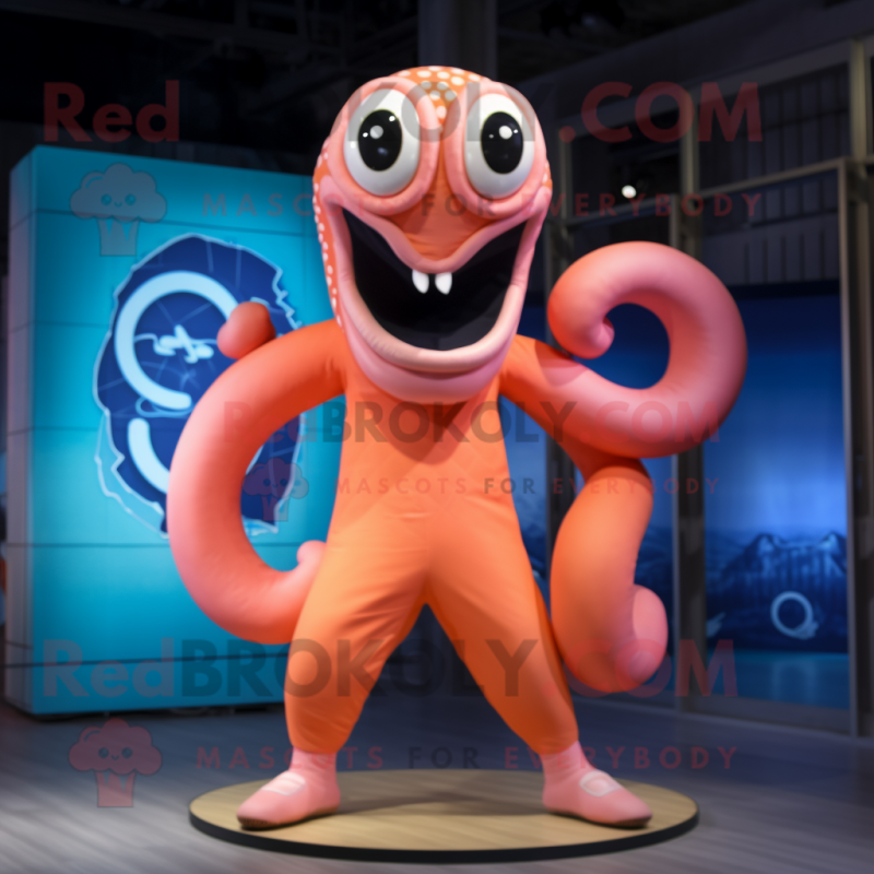 Peach Hydra mascot costume character dressed with a Board Shorts and Rings Peach Hydra mascot costume character dressed with a Board Shorts and Rings