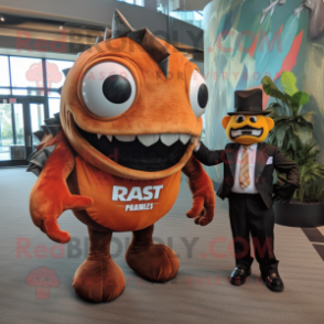 Rust Piranha mascot costume character dressed with a Tuxedo and Watches