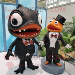 Rust Piranha mascot costume character dressed with a Tuxedo and Watches