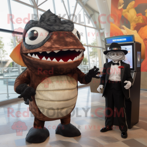 Rust Piranha mascot costume character dressed with a Tuxedo and Watches