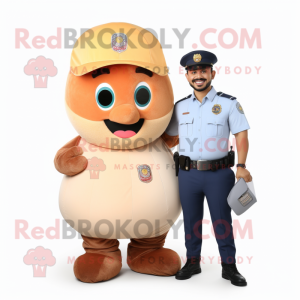 Peach Police Officer mascot costume character dressed with a Henley Shirt and Wallets