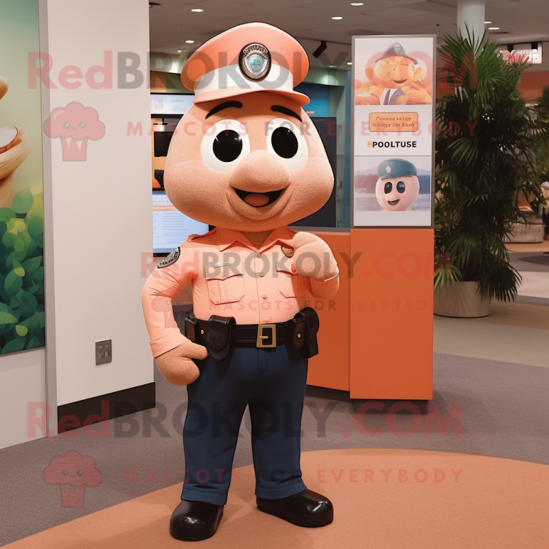 Peach Police Officer mascot costume character dressed with a Henley Shirt and Wallets