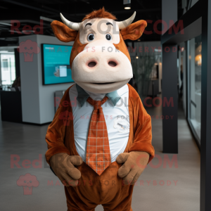 Rust Hereford Cow mascot costume character dressed with a Button-Up Shirt and Wraps