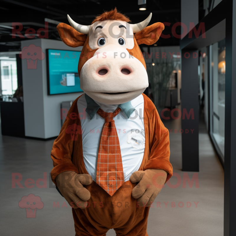 Rust Hereford Cow mascot costume character dressed with a Button-Up Shirt and Wraps Rust Hereford Cow mascot costume character dressed with a Button-Up Shirt and Wraps