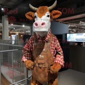 Rust Hereford Cow mascot costume character dressed with a Button-Up Shirt and Wraps