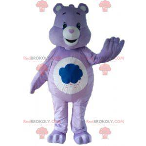 Mascota de oso de cuidado púrpura y blanco con una nube -