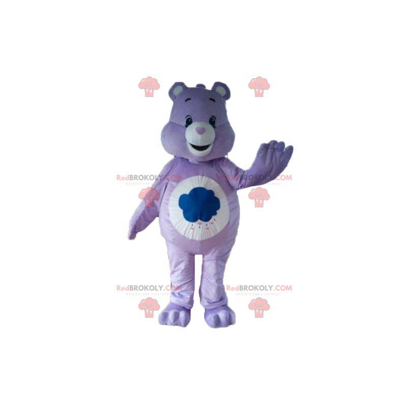 Mascota de oso de cuidado púrpura y blanco con una nube -