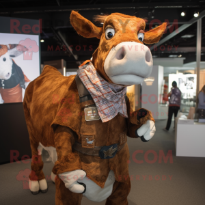 Rust Hereford Cow mascot costume character dressed with a Button-Up Shirt and Wraps