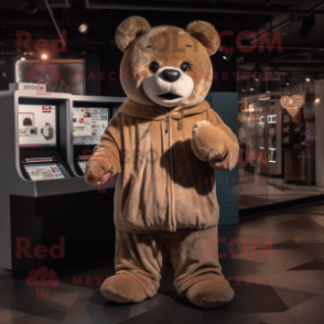 Tan Teddy Bear mascot costume character dressed with a Hoodie and Coin purses