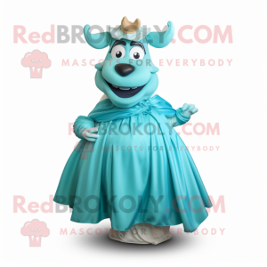 Cyan Beef Stroganoff mascot costume character dressed with a Evening Gown and Wraps