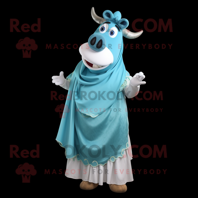 Cyan Beef Stroganoff mascot costume character dressed with a Evening Gown and Wraps Cyan Beef Stroganoff mascot costume character dressed with a Evening Gown and Wraps