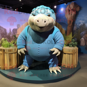 Blue Glyptodon mascot costume character dressed with a Sweater and Suspenders