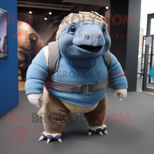 Blue Glyptodon mascot costume character dressed with a Sweater and Suspenders