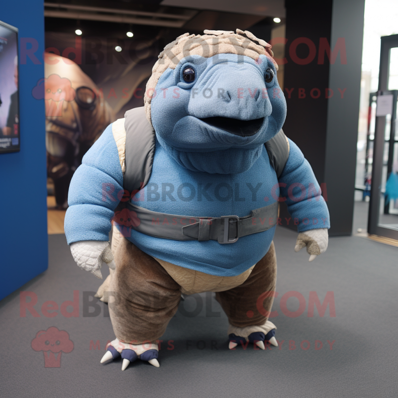 Blue Glyptodon mascot costume character dressed with a Sweater and Suspenders Blue Glyptodon mascot costume character dressed with a Sweater and Suspenders