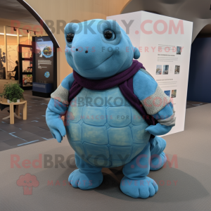 Blue Glyptodon mascot costume character dressed with a Sweater and Suspenders