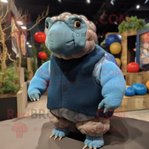 Blue Glyptodon mascot costume character dressed with a Sweater and Suspenders