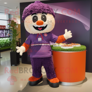 Purple Fried Rice mascot costume character dressed with a Polo Tee and Brooches