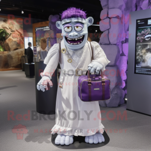 Purple Frankenstein mascot costume character dressed with a Wedding Dress and Backpacks