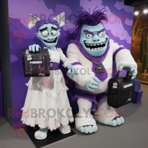 Purple Frankenstein mascot costume character dressed with a Wedding Dress and Backpacks