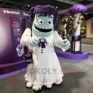 Purple Frankenstein mascot costume character dressed with a Wedding Dress and Backpacks