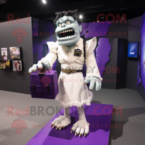 Purple Frankenstein mascot costume character dressed with a Wedding Dress and Backpacks
