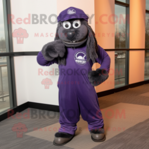 Purple Navy Seal mascot costume character dressed with a Joggers and Foot pads