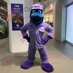 Purple Navy Seal mascot costume character dressed with a Joggers and Foot pads