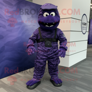 Purple Navy Seal mascot costume character dressed with a Joggers and Foot pads