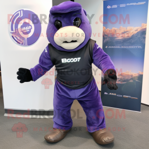 Purple Navy Seal mascot costume character dressed with a Joggers and Foot pads