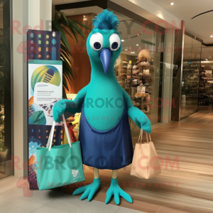 Teal Peacock mascot costume character dressed with a One-Piece Swimsuit and Tote bags