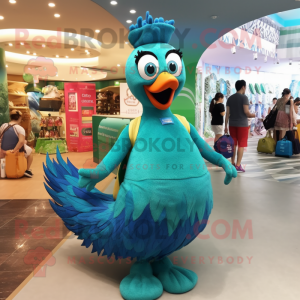 Teal Peacock mascot costume character dressed with a One-Piece Swimsuit and Tote bags