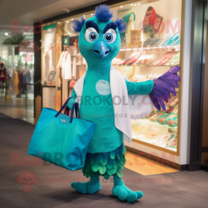 Teal Peacock mascot costume character dressed with a One-Piece Swimsuit and Tote bags