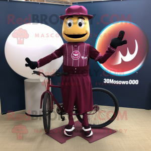 Maroon Unicyclist mascot costume character dressed with a Ball Gown and Suspenders