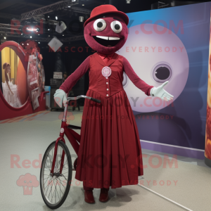 Maroon Unicyclist mascot costume character dressed with a Ball Gown and Suspenders