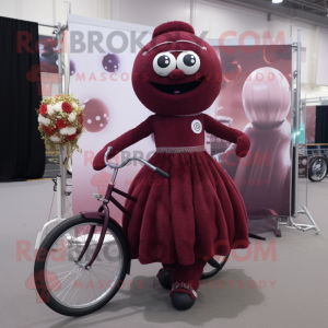 Maroon Unicyclist mascot costume character dressed with a Ball Gown and Suspenders