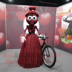 Maroon Unicyclist mascot costume character dressed with a Ball Gown and Suspenders