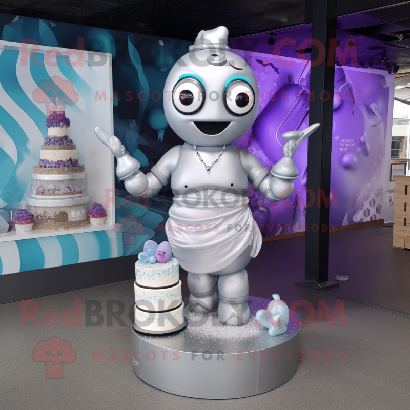 Silver Wedding Cake mascot costume character dressed with a Bikini and Scarves Silver Wedding Cake mascot costume character dressed with a Bikini and Scarves