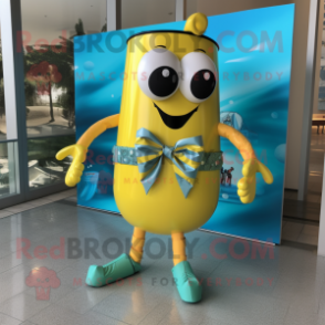 Yellow Soda Can mascot costume character dressed with a Swimwear and Bow ties