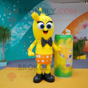Yellow Soda Can mascot costume character dressed with a Swimwear and Bow ties