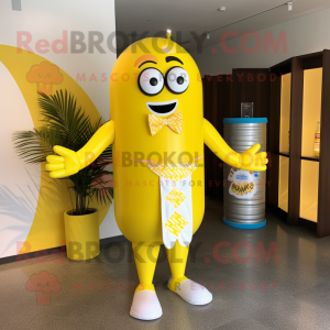 Yellow Soda Can mascot costume character dressed with a Swimwear and Bow ties