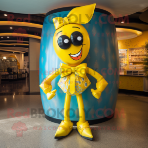 Yellow Soda Can mascot costume character dressed with a Swimwear and Bow ties