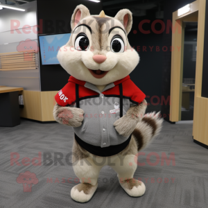 Gray Chipmunk mascot costume character dressed with a Sweater and Lapel pins