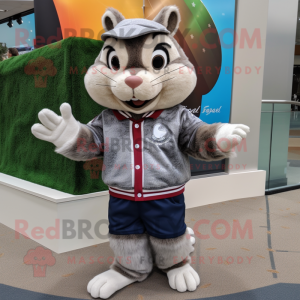 Gray Chipmunk mascot costume character dressed with a Sweater and Lapel pins