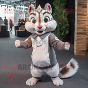 Gray Chipmunk mascot costume character dressed with a Sweater and Lapel pins