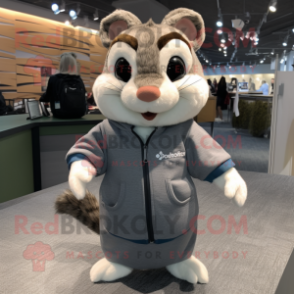 Gray Chipmunk mascot costume character dressed with a Sweater and Lapel pins