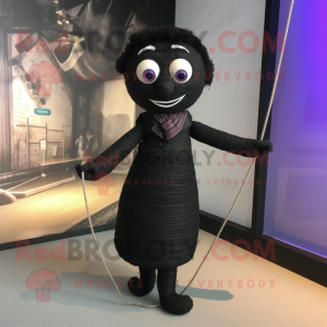 Black Tightrope Walker mascot costume character dressed with a Wrap Dress and Tie pins